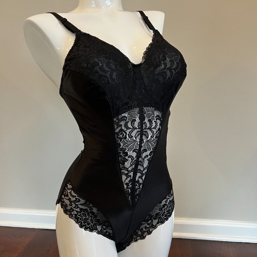 Gorgeous Satin & Lace Vintage Crown-ette All-in-One Shapewear in Black 34D & 38C